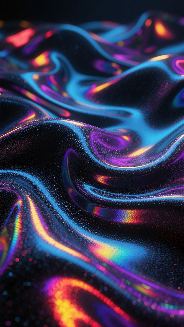 一张具有强烈镭射质感的抽象背景图像，整体呈现深邃的暗黑色调，表面覆盖着细腻的磨砂颗粒质感。画面中充满了流动感十足的波浪状褶皱，这些褶皱在光线照射下折射出绚烂夺目的彩虹色光芒，主要以明亮的蓝色、紫色、黄色和红色为主，形成了丰富的色彩渐变和光影交错效果。光线从不同角度照射在起伏的表面上，创造出高光与阴影的强烈对比，使得镭射效果更加立体和富有动感，整体氛围神秘而梦幻，充满了未来科技感和视觉冲击力。