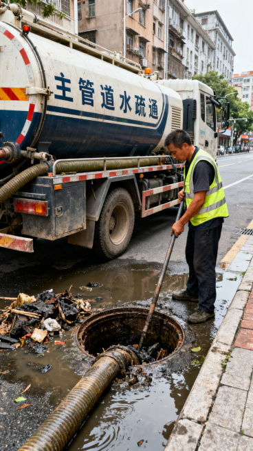 一张管道疏通的图片，展示大型疏通车配合工人清理城市主排水管道的场景，清晰写实，单独单张展示，不要拼图预览效果
