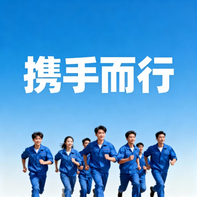 帮我生成一张图片，有“携手而行”4个字，体现团队合作，共同奋斗。颜色偏蓝色风格。预览效果