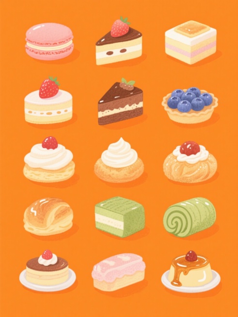水彩风格插画，纯橙色背景，画面整体色彩变换为以橙色为主色调，保持甜点糕点元素，生成同风格、不同甜点糕点（如马卡龙、草莓蛋糕、巧克力慕斯、蓝莓挞、奶油泡芙、抹茶卷、焦糖布丁）的元素素材集合，规整排布，每个甜点都具有水彩特有的透明晕染质感、细腻的笔触纹理、柔和的光影过渡，高光处有明亮的光泽感，阴影部分自然柔和，整体呈现出温馨、甜美的氛围，所有甜点元素大小均匀、排列整齐，形成有序的视觉效果。预览效果