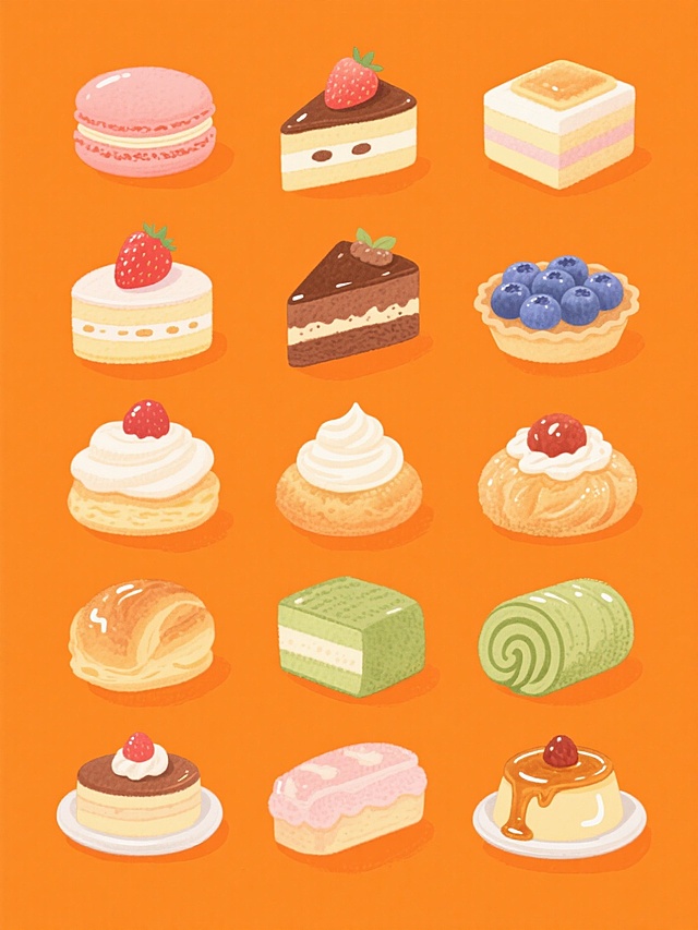 水彩风格插画，纯橙色背景，画面整体色彩变换为以橙色为主色调，保持甜点糕点元素，生成同风格、不同甜点糕点（如马卡龙、草莓蛋糕、巧克力慕斯、蓝莓挞、奶油泡芙、抹茶卷、焦糖布丁）的元素素材集合，规整排布，每个甜点都具有水彩特有的透明晕染质感、细腻的笔触纹理、柔和的光影过渡，高光处有明亮的光泽感，阴影部分自然柔和，整体呈现出温馨、甜美的氛围，所有甜点元素大小均匀、排列整齐，形成有序的视觉效果。