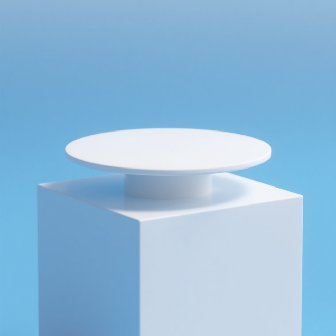 极简风格3D渲染，浅蓝色渐变背景，顶部为平滑弧线形的白色展台放置在白色立方体基座上，柔和的顶部光源形成自然阴影，整体画面干净简洁，物体边缘光滑无纹理，保持蓝色主视觉基调。预览效果