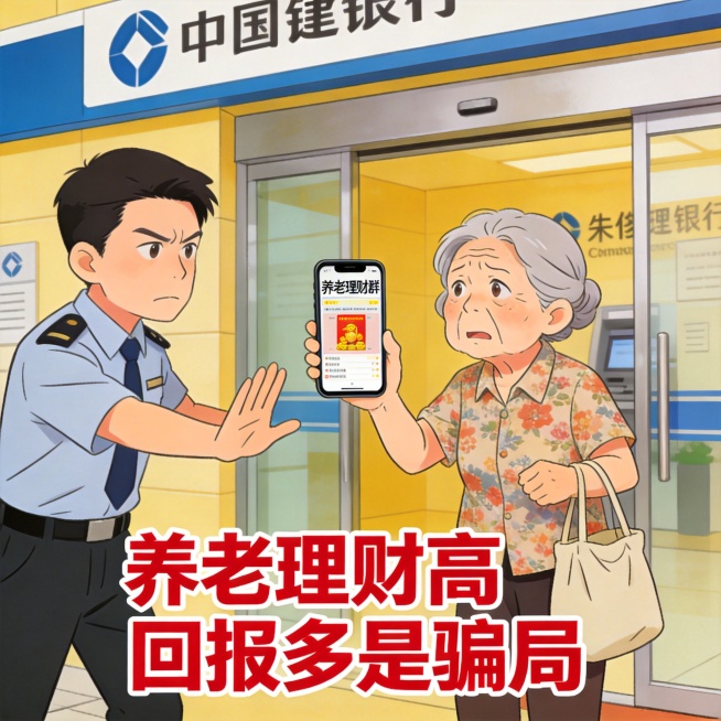 反诈宣传插画，朱阿婆拿着手机看养老理财群的盈利截图，准备去银行取钱，银行工作人员上前劝阻，配文“养老理财高回报多是骗局”预览效果