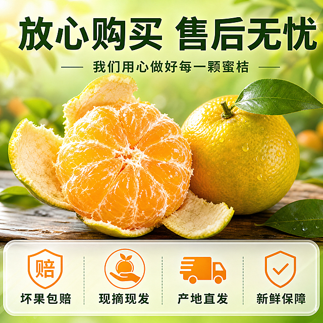 [主图-10] 服务承诺与售后保障图，打消购买顾虑促进转化。
[统一基调] 自然果园风 暖绿色主调 橙黄强调色 粗黑体大字标题 白色辅助字 暖阳逆光质感 清新新鲜。
[画面] 画面上半部分为一颗切开的蜜桔特写，果肉饱满橙黄，与用户参考图一致，旁边放着一颗完整带叶的蜜桔。下半部分为半透明悬浮条，横向排列四项服务承诺图标和文字。背景为清新的浅绿色渐变，有淡淡的果园光影。整体画面干净清爽，重点突出服务保障。
[光影质感] 柔和自然光，蜜桔表面光泽自然，果肉通透，整体明亮干净，商业摄影质感。
[配色] 背景浅绿色渐变 蜜桔黄绿橙渐变 文字深绿色配白色 图标橙黄色 清新可信。
[文字版式] 顶部主标题"放心购买 售后无忧"，下方小字"我们用心做好每一颗蜜桔"。底部横向排列四个服务承诺图标和文字："坏果包赔""现摘现发""产地直发""新鲜保障"。字体为粗黑体，主标题最大，服务承诺文字中等字号，图标与文字一一对应。
[输出要求] 1:1正方形 2048x2048 文字清晰 蜜桔外观与参考图一致 图标简洁明了 负向：变形 错字 模糊 水印 平台Logo 蜜桔颜色不对 文字杂乱