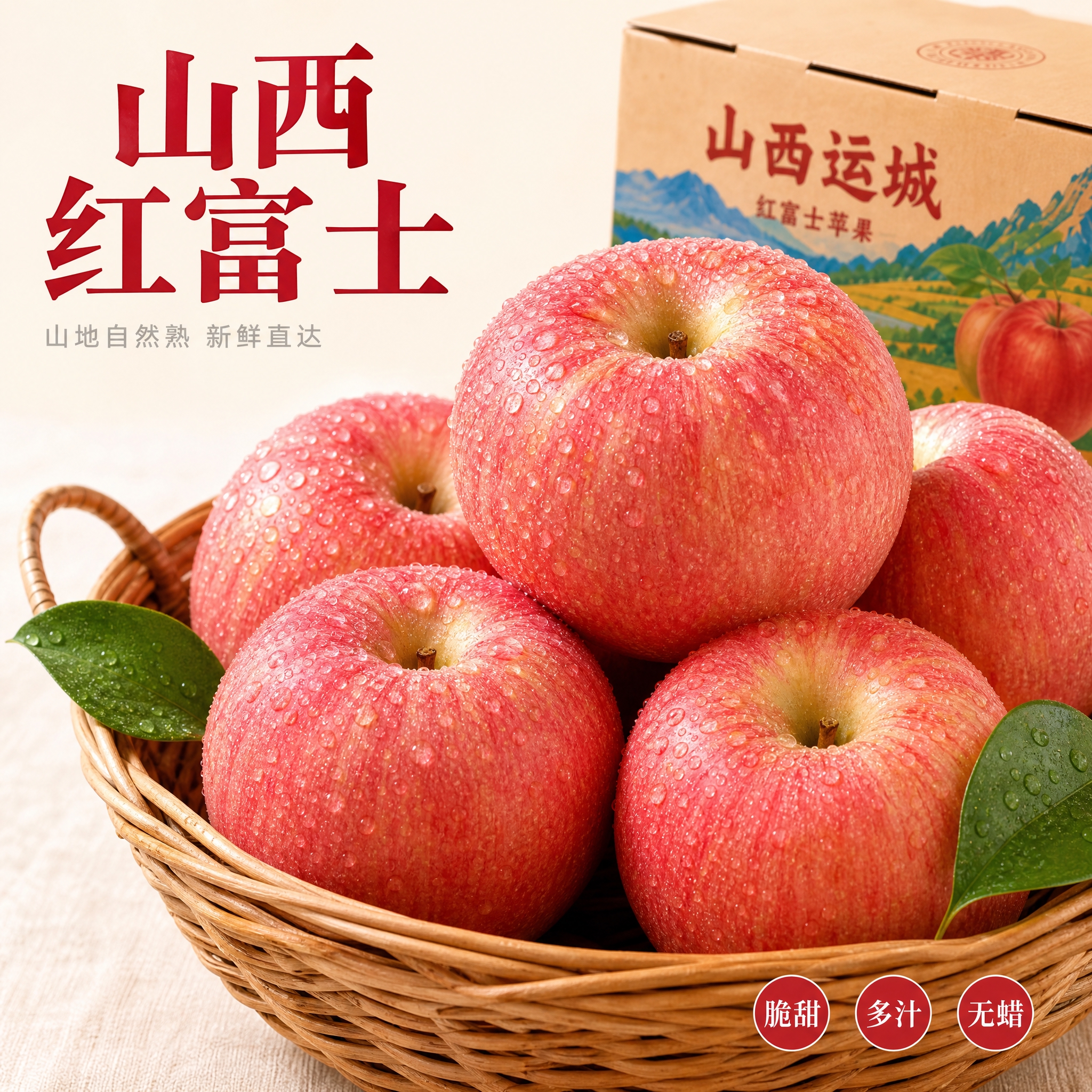 [主图-1] 山西红富士苹果电商首图，藤篮近景特写版，突出苹果… - 图片创意预览
