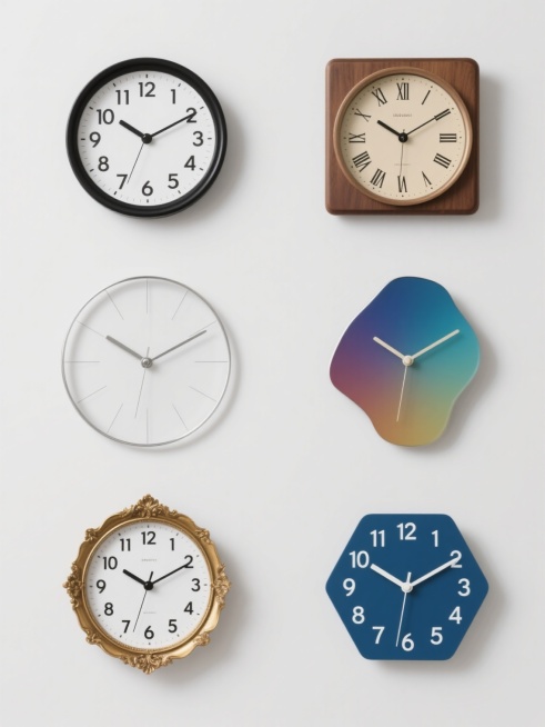 极简主义设计风格，六个不同样式的钟表整齐排列，每个钟表拥有独特配色和设计类型，包括圆形黑色边框白色表盘带黑色数字及时针分针、复古方形棕色木质边框米色表盘罗马数字、现代无框金属质感银色表盘简约线条刻度、艺术感不规则形状彩色渐变表盘、经典欧式金色雕花边框白色表盘黑色阿拉伯数字、时尚几何多边形蓝色表盘白色数字，统一纯色背景，清晰的视觉层级，高效信息传达，强调设计感与多样性的平衡，精准的排版布局，每个……预览效果