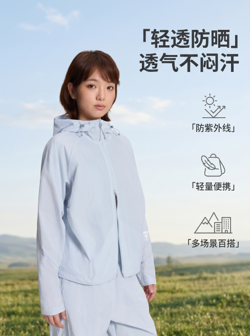 [主图 1] 户外轻量浅蓝连帽防晒衣核心卖点首图。
[氛围风格] 清新户外氛围感，自然活力，适合做高点击率视频图文封面
[画质] 商业摄影质感、光线柔和通透、产品清晰真实、画面干净高级。
[元素] 浅预览效果