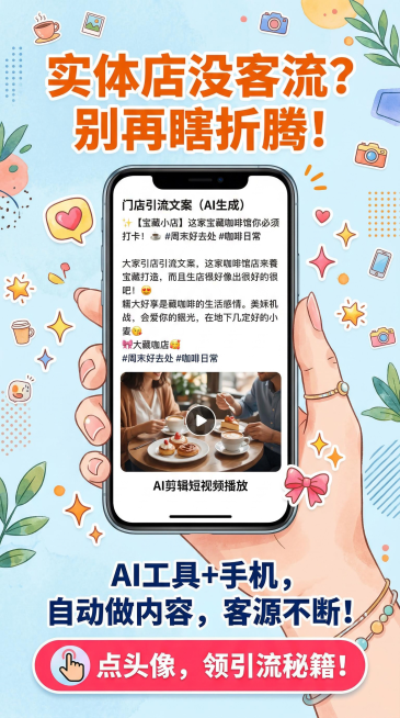 小红书风格竖版营销海报，顶部用橙色加粗字体搭配浅蓝色背景写着“实体店没客流？别再瞎折腾！”，中间展示手机屏幕上AI自动生成的门店引流文案和剪辑好的短视频，周围点缀小红书风格的爱心、星星贴纸，下方用深蓝预览效果