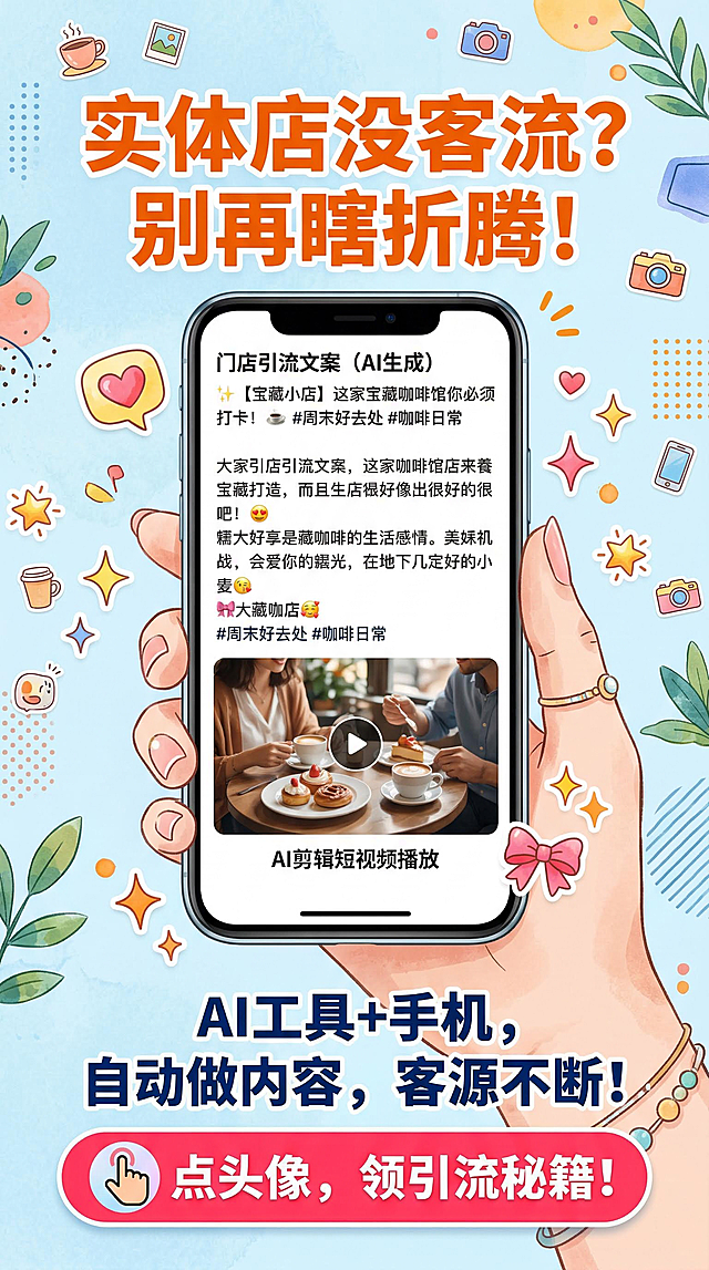 小红书风格竖版营销海报，顶部用橙色加粗字体搭配浅蓝色背景写着“实体店没客流？别再瞎折腾！”，中间展示手机屏幕上AI自动生成的门店引流文案和剪辑好的短视频，周围点缀小红书风格的爱心、星星贴纸，下方用深蓝色字体写着“AI工具+手机，自动做内容，客源不断！”，底部用粉色按钮样式写着“点头像，领引流秘籍！”，风格活泼清新