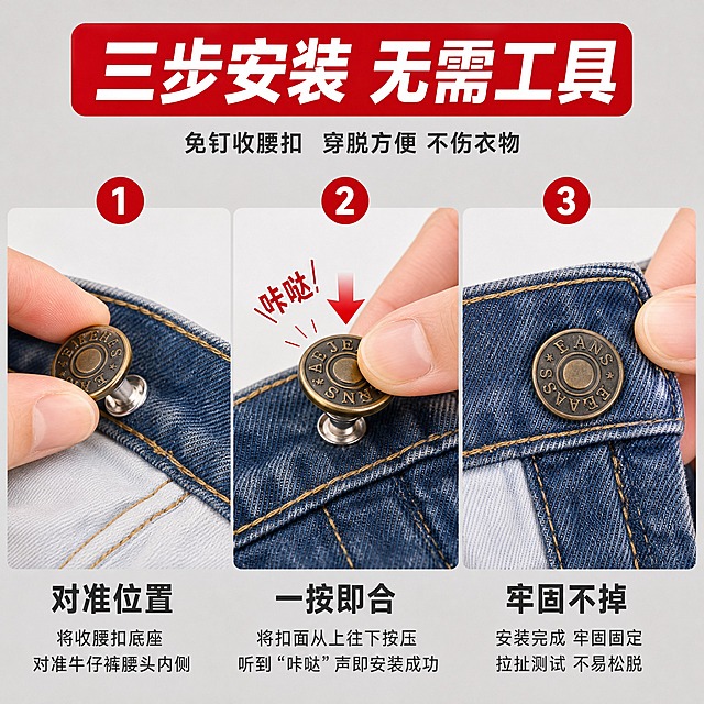 [主图-3] 免钉收腰扣 安装步骤演示图 三步安装法 突出无需工具简单操作。
[统一基调] 抖音电商风格 强视觉冲击 高清实拍质感 浅灰色高级背景 主标题白色粗体大字配红色强调色块 辅助文字深灰色 整体简洁有力 痛点直击。
[画面] 横向三格分步展示 每格一个步骤 第一步 左侧格 展示牛仔裤腰头和免钉收腰扣 手指捏住扣的底座放在腰头内侧 第二步 中间格 展示手指将扣面从上往下按压 听到咔哒声的示意 有动态线条表现按压动作 第三步 右侧格 展示安装完成后的效果 收腰扣牢固固定在腰头上 手轻轻拉扯测试稳固性 每格上方有数字序号1 2 3 产品款式统一用古铜色JEANS款 清晰展示扣的结构和按压安装原理。
[光影质感] 商业摄影棚拍光 每格光线均匀一致 金属质感真实 手部动作自然 牛仔裤布料纹理清晰 按压动作有动态感。
[配色] 背景浅灰色 序号圆形底红色 数字白色 步骤说明文字深灰色 产品保持原图金属色。
[文字版式] 顶部红色通栏标题"三步安装 无需工具" 每格下方分别标注"对准位置" "一按即合" "牢固不掉" 数字序号用红色圆形白字 字体粗黑体 清晰易读。
[输出要求] 1:1正方形比例 步骤清晰易懂 产品结构准确 动作自然 无变形 无错字 无模糊 无水印 无平台Logo 禁止手指畸形。