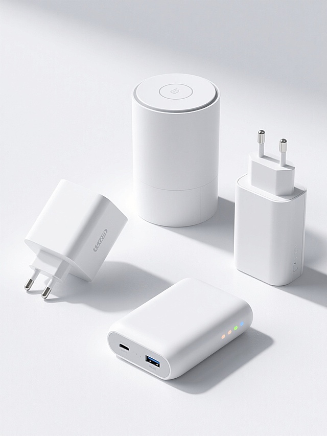 一组四个不同的白色电子配件产品，保持与原图一致的3D渲染风格、纯净白色哑光材质、柔和侧光及轻微阴影效果，规整排列在纯白色背景上。包含：左侧为带USB接口的方形充电头（倾斜放置，展示接口细节），右侧为带折叠插头的长方体充电器（直立放置），上方为圆柱形无线充电器（顶部有圆形充电区域标识），下方为扁平圆角矩形的移动电源（侧面展示USB-C接口和电量指示灯）。所有产品均呈现光滑表面、精准几何轮廓和统一的简约现代设计语言，光线从左上角照射形成自然的明暗过渡和立体感，整体布局对称平衡，间距均匀。