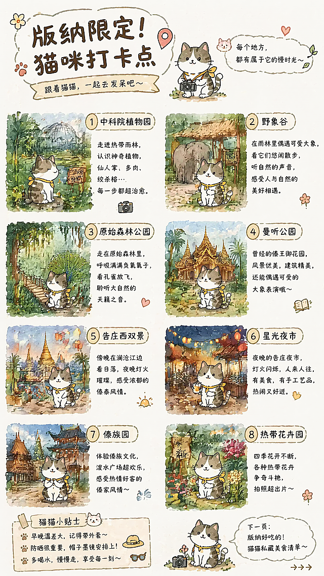 参考原图排版，生成一张西双版纳限定猫咪打卡点手绘海报。主标题“版纳限定！猫咪打卡点”，副标题“跟着猫猫，一起去发呆吧~”，整体为水彩可爱治愈猫咪手绘风格，分左右两栏共8个打卡点：1. 中科院植物园，2. 野象谷，3. 原始森林公园，4. 曼听公园，5. 告庄西双景，6. 星光夜市，7. 傣族园，8. 热带花卉园，每个景点画可爱猫咪逛景点的水彩小插画，配上简单景点介绍，左下角保留猫猫小贴士区域，右下角写“下一页：版纳好吃的！猫猫私藏美食清单~”，保持和参考图完全一致的布局结构、可爱画风，保证所有文字清晰可读。
