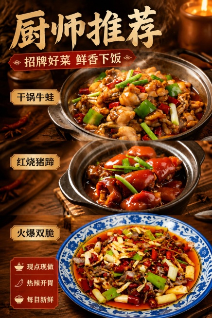 基于原图修改，去掉所有"川味"相关文字，保留主标题"厨师推荐"，保留副标题改为"招牌好菜 鲜香下饭"，左下角卖点标签改为：现点现做 热辣开胃 每日新鲜，保留原图所有菜品构图和排版，保留木质暖棕背景和食预览效果