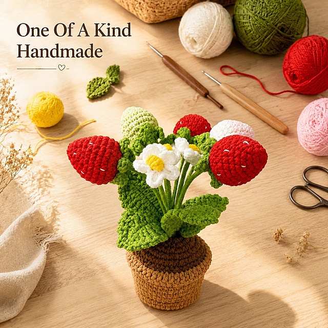 [Panel 7] Handcraft Story Highlight - Show the handmade making process. This panel uses [Image 1] as the finished product.
[Style/Atmosphere] Warm authentic handcraft atmosphere, minimalist style, natural texture. 
[Element Layout] Bottom half shows the finished potted plant, top half displays scattered cotton yarn and crochet hooks on a light wood workbench, creating original handmade atmosphere. The finished product keeps the same shape, color and texture as the original image.
[Light & Shadow] Soft natural window light, warm transition of light and shadow, highlighting the warmth of handcraft.
[Color Scheme] Global background #F5F0E6, main color: warm wood + natural product color.
[Perspective & Composition] Top-bottom composition, top tool bottom finished product, smooth reading flow.
[Text Layout] Top left title "One Of A Kind Handmade", simple font, does not cover the product.
[Resolution & Ratio] 1:1 square ratio, 4K resolution, HD quality, clear readable text.
[Negative Prompt] Deformed product, color distortion, Chinese characters, messy background, watermark