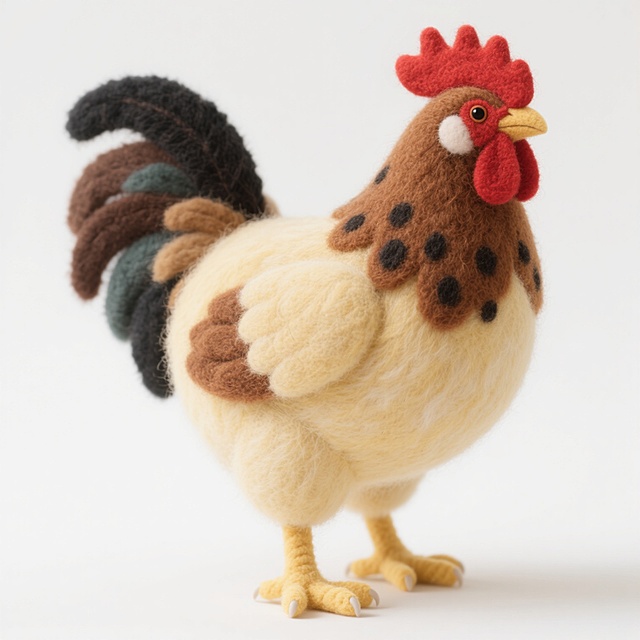 一只羽毛色彩丰富的母鸡，头部有红色鸡冠，颈部羽毛呈棕色并带有黑色斑点，身体羽毛为浅黄色，尾部羽毛有深棕色和黑色，鸡爪为淡黄色，站立在白色背景上，整体形象写实，突出母鸡的形态与羽毛细节。