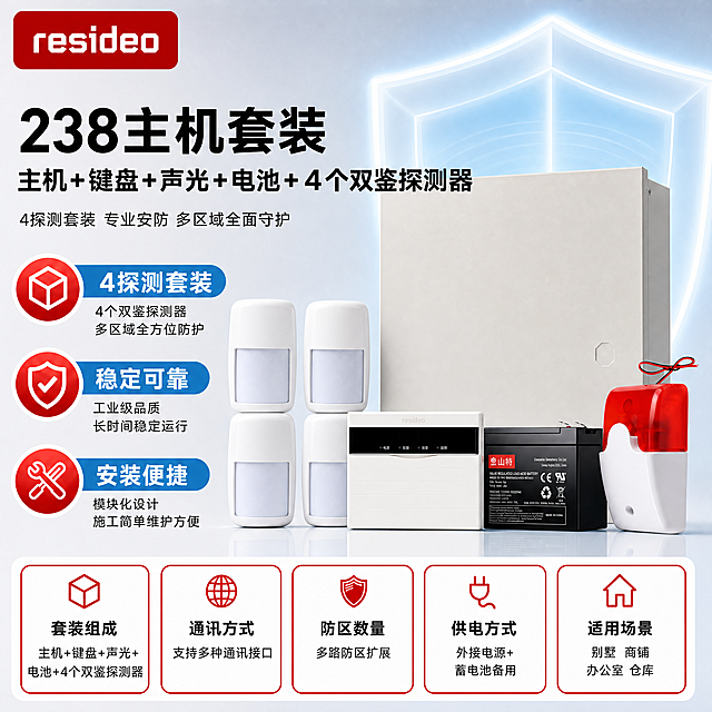 [主图-1] 238主机+键盘+声光+蓄电池+4个双鉴探测器 套装商品识别/核心利益首图，严格参考【图1】模板版式制作。
[统一基调] 报警行业专业克制高级商业棚拍风；主色=浅蓝色+浅灰；背景=柔和棚拍渐变背景（浅灰到浅蓝渐变）+半透明发光盾牌光效；强调色=警示红，仅用于红框、图标、标签小面积点缀；标题字=现代无衬线粗体大黑字；正文字=简洁无衬线体；标题色=黑色；正文色=深灰；组件=红框白底参数卡、圆形红底白图标+蓝色圆角标题条、底部红边参数卡片、左上红底白字品牌LOGO；光影=柔和棚拍光，左前侧主光，右侧辅光，底部柔和倒影。左上角放【图3】resideo品牌LOGO（红底白字圆角矩形样式）。
[画面] 严格复刻【图1】模板版式结构：左上红底白字resideo品牌LOGO，左上部大标题+副标题，左侧纵向排列3个圆形红底白图标+蓝色圆角标题条的卖点组，中部右侧产品套装主体（后方带半透明发光浅蓝色盾牌光效），底部5个红框白底参数卡片等宽排列；产品使用【图2】套装组合：238主机箱体（米白色金属机箱）在最后方右侧最大，键盘面板在主机前方中间偏右，4个双鉴探测器（白色红外探测器）在左侧呈2行2列整齐排列，蓄电池（黑色铅酸电池）在主机前方右侧，声光警号（红白相间）在最右侧；多件产品形成前后层次组合展示，设备外观严格保持原图不变，不扭曲不变形、不改变颜色和结构，探测器数量严格为4个；画面无空白位置，空白处用产品优势短文字填充。
[光影质感] 商业棚拍质感，柔和均匀布光，各产品质感细腻真实，主机金属机箱、探测器塑料外壳、电池、声光警号、键盘面板各有质感，产品立体感强，底部有柔和接触阴影和倒影，盾牌光效通透发光高级。
[配色] 浅灰到浅蓝柔和渐变背景，红框/红图标/品牌底用警示红，标题条用浅蓝色，产品本色米白+白+黑+红；杜绝深色单一颜色和太彩色；参数卡片用红框标记填充，文字黑色。
[文字版式] 左上红底白字resideo LOGO；左上部主标题"238主机套装"（黑色大字优先凸显，分两行：238主机套装 / 主机+键盘+声光+电池+4个双鉴探测器），副标题"4探测套装 专业安防 多区域全面守护"；左侧3组卖点（圆形红底白图标+蓝色圆角标题条+黑色说明文字）：1.套装图标+"4探测套装"——4个双鉴探测器 多区域全方位防护；2.盾牌对勾图标+"稳定可靠"——工业级品质 长时间稳定运行；3.安装图标+"安装便捷"——模块化设计 施工简单维护方便；底部5个红框白底参数卡片（红框标记填充，文字黑色，每卡顶部红色小图标）："套装组成"主机+键盘+声光+电池+4个双鉴探测器、"通讯方式"支持多种通讯接口、"防区数量"多路防区扩展、"供电方式"外接电源+蓄电池备用、"适用场景"别墅 商铺 办公室 仓库；所有文字横向排版，文字占比<30%。
[输出要求] 比例1:1（1024×1024），2K，medium质量，文字清晰可读，产品清晰不变形；负向：产品变形扭曲、错字、模糊、杂乱、水印、京东Logo/平台元素、深色背景、彩色过于鲜艳、空白区域过多、产品外观改变、出现海康威视字样或Logo、探测器数量不是4个、出现5个或更多探测器。