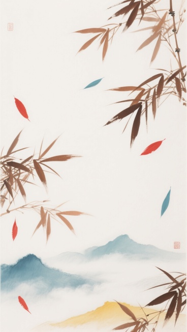 中国彩墨画风格，以纯净的宣纸白为背景，四周分布着深浅不一的赭石色竹叶，间杂几抹朱砂红与石青色的叶片点缀其间，竹叶形态细长，笔触流畅自然，部分竹叶呈飘落之势，底部以淡花青与藤黄渲染出山峦云雾的朦胧意境，整体画面简洁空灵，营造出宁静悠远、清雅脱俗的氛围，具有传统东方美学韵味，色彩层次丰富而和谐，线条飘逸洒脱。预览效果