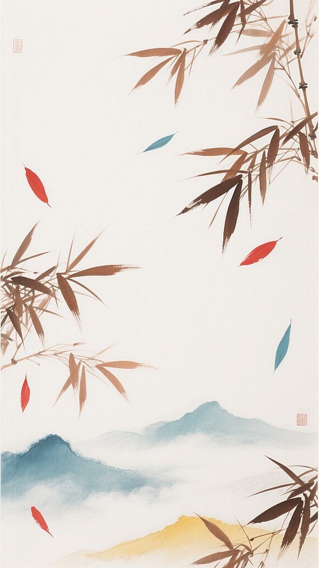 中国彩墨画风格，以纯净的宣纸白为背景，四周分布着深浅不一的赭石色竹叶，间杂几抹朱砂红与石青色的叶片点缀其间，竹叶形态细长，笔触流畅自然，部分竹叶呈飘落之势，底部以淡花青与藤黄渲染出山峦云雾的朦胧意境，整体画面简洁空灵，营造出宁静悠远、清雅脱俗的氛围，具有传统东方美学韵味，色彩层次丰富而和谐，线条飘逸洒脱。