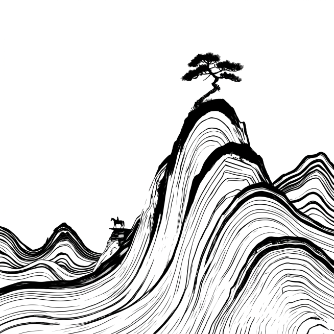 参考原图的构图和线条风格，重新生成画面，使用纯白色背景，所有线条和图形都为黑色，保留迎客松、层叠山峰和骑马行人的构图，极简主义中国风线条版画预览效果