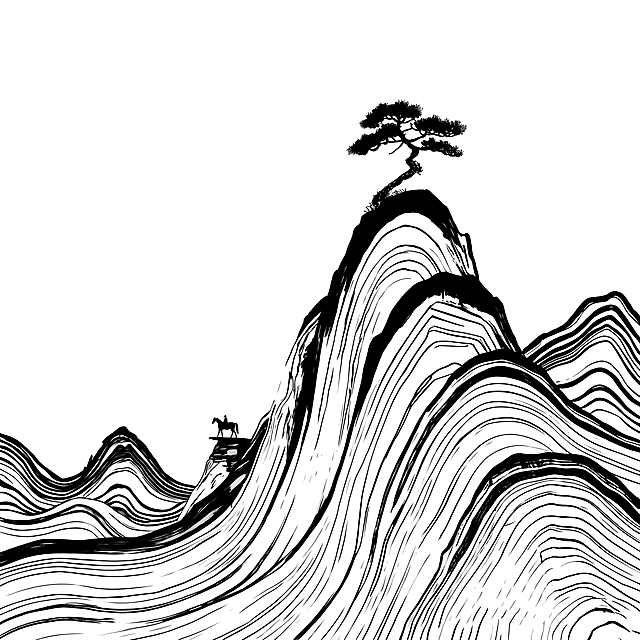 参考原图的构图和线条风格，重新生成画面，使用纯白色背景，所有线条和图形都为黑色，保留迎客松、层叠山峰和骑马行人的构图，极简主义中国风线条版画