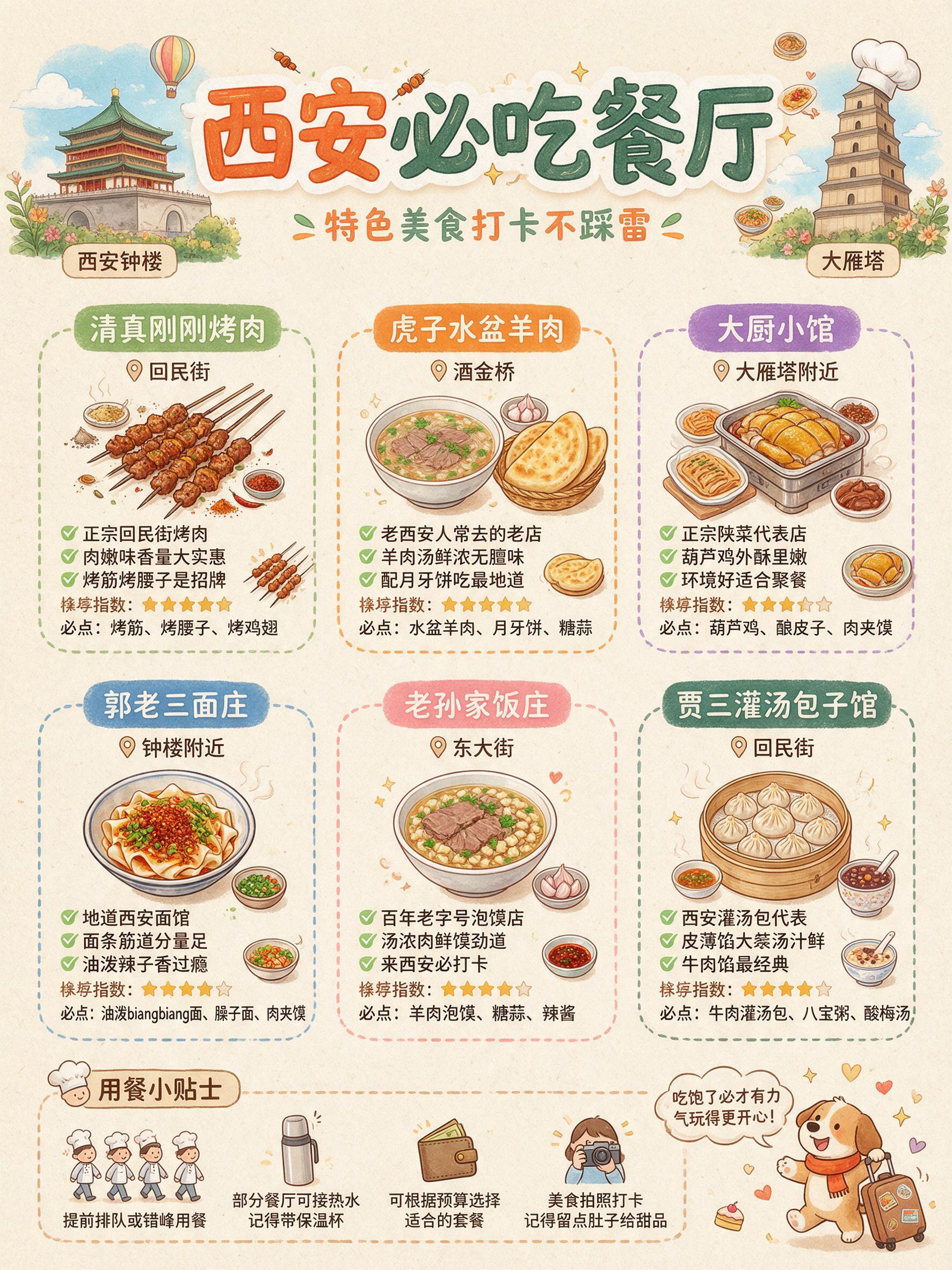 手绘水彩卡通风格的西安必吃餐厅清单海报，竖版构图，米黄色暖色调… - 图片创意预览