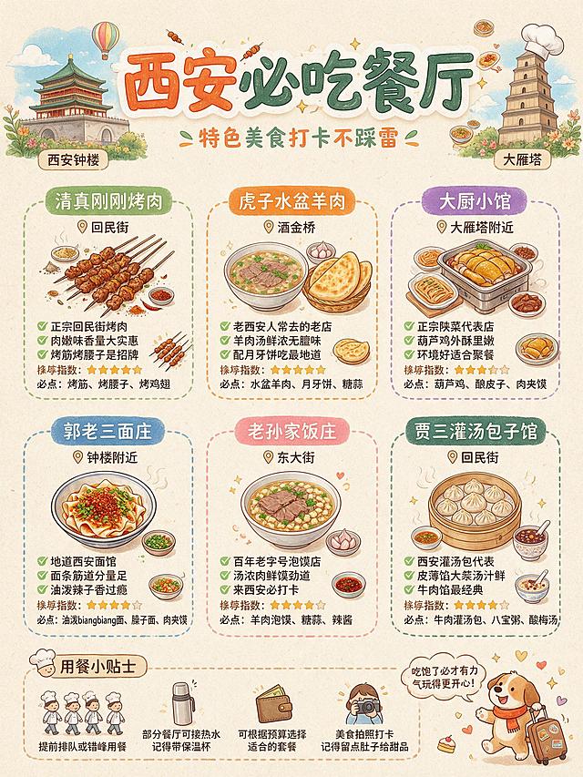 手绘水彩卡通风格的西安必吃餐厅清单海报，竖版构图，米黄色暖色调背景。顶部大标题写着西安必吃餐厅，副标题特色美食打卡不踩雷。左上角是西安钟楼手绘插画，右上角是大雁塔和厨师帽插画装饰。

中间是六张餐厅卡片，分两行三列排列，每张卡片都是圆角虚线边框，包含：餐厅名称标签、位置标注、美食手绘插画、三条推荐理由、推荐指数星号、必点菜品。

六家餐厅分别是：
1. 清真刚刚烤肉（第一行左，绿色标签）：位置回民街，手绘烤肉串和烤筋插画，推荐理由：正宗回民街烤肉、肉嫩味香量大实惠、烤筋烤腰子是招牌，推荐指数五颗星，必点：烤筋、烤腰子、烤鸡翅
2. 虎子水盆羊肉（第一行中，橙色标签）：位置洒金桥，手绘水盆羊肉汤和月牙饼插画，推荐理由：老西安人常去的老店、羊肉汤鲜浓无膻味、配月牙饼吃最地道，推荐指数五颗星，必点：水盆羊肉、月牙饼、糖蒜
3. 大厨小馆（第一行右，紫色标签）：位置大雁塔附近，手绘陕菜拼盘和葫芦鸡插画，推荐理由：正宗陕菜代表店、葫芦鸡外酥里嫩、环境好适合聚餐，推荐指数四星半，必点：葫芦鸡、酿皮子、肉夹馍
4. 郭老三面庄（第二行左，蓝色标签）：位置钟楼附近，手绘biangbiang面和油泼面插画，推荐理由：地道西安面馆、面条筋道分量足、油泼辣子香过瘾，推荐指数四星半，必点：油泼biangbiang面、臊子面、肉夹馍
5. 老孙家饭庄（第二行中，粉色标签）：位置东大街，手绘羊肉泡馍和糖蒜插画，推荐理由：百年老字号泡馍店、汤浓肉鲜馍劲道、来西安必打卡，推荐指数四星半，必点：羊肉泡馍、糖蒜、辣酱
6. 贾三灌汤包子馆（第二行右，深绿色标签）：位置回民街，手绘灌汤包和蘸料插画，推荐理由：西安灌汤包代表、皮薄馅大汤汁鲜、牛肉馅最经典，推荐指数四颗星，必点：牛肉灌汤包、八宝粥、酸梅汤

底部是用餐小贴士区，四个小图标配文字：提前排队或错峰用餐、部分餐厅可接热水记得带保温杯、可根据预算选择适合的套餐、美食拍照打卡记得留点肚子给甜品。右下角是可爱小狗拉行李箱插画和吃饱了才有力气玩得更开心的对话框。

整体风格可爱温馨，手绘水彩质感，手写字体，排版精美信息丰富，所有内容区域填充完整。