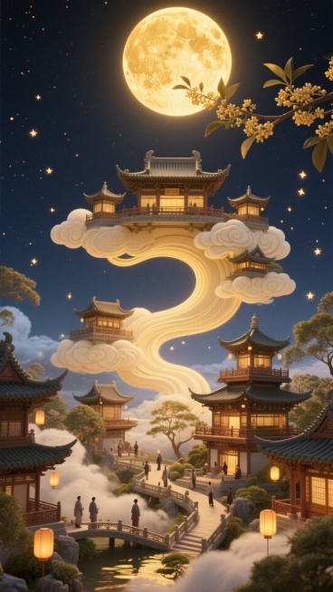 暖金色调，顶部设超大暖金圆月；圆月前点缀桂花枝，中下层借 S 型祥云贯穿，分层错落排布中式楼阁（上层小阁、中层主阁、下层复阁 ）；人物层于楼阁平台和云间小径点缀游园群像，背景明亮夜空，点缀小灯笼预览效果