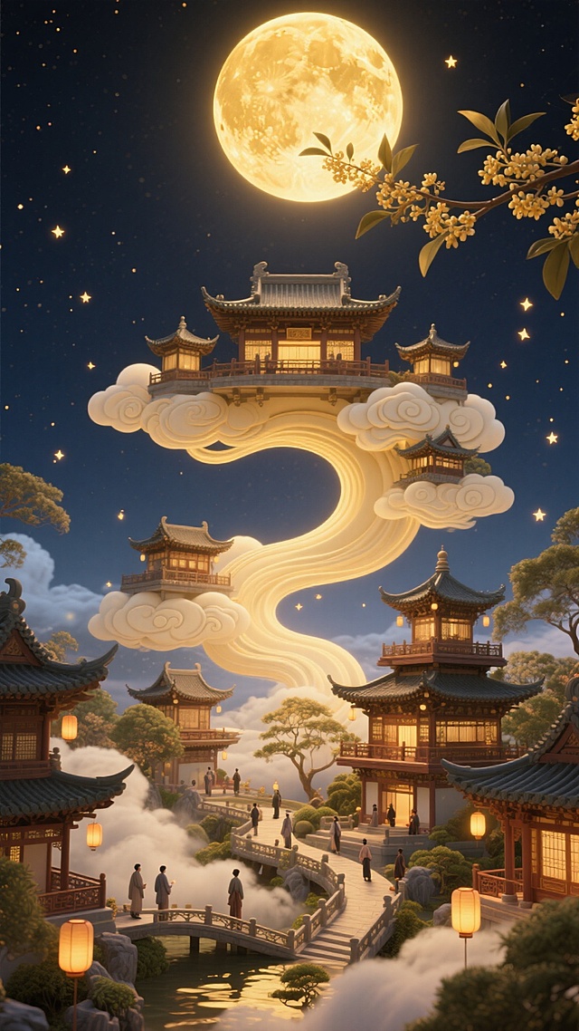 暖金色调，顶部设超大暖金圆月；圆月前点缀桂花枝，中下层借 S 型祥云贯穿，分层错落排布中式楼阁（上层小阁、中层主阁、下层复阁 ）；人物层于楼阁平台和云间小径点缀游园群像，背景明亮夜空，点缀小灯笼