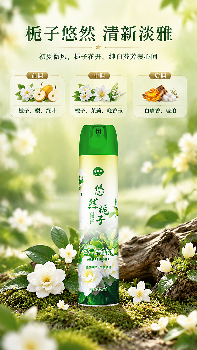 [商品] 使用【图2】悠然栀子款空气清新剂；保留罐体结构、绿色瓶盖、黄白瓶身、栀子花图案、品牌Logo、瓶身文字和370ml标识；罐体完整清晰，位于画面中心。
[画面] 目标：悠然栀子香调解析页，参考桂花款版式。构图：上下结构，上方标题区+三栏前中后调香调卡，中间产品主体置于苔藓和枯木组成的自然场景中，周围散落真实栀子花和绿叶；产品占画面约40%，位于画面中下位置。上方三栏横向排列前调、中调、后调，每栏配对应香气元素的图片和文字。背景为浅黄绿虚化的栀子花园场景，有阳光透过树叶的光斑效果。
[视觉] 套系策略：风格=清新自然高级商业摄影；标题字=优雅宋体粗体；正文字=简洁无衬线黑体；主色=清新草木绿；背景延展=基于草木绿做浅奶黄渐变、同色深浅层级和自然天光质感；强调色=栀子奶白，仅用于小面积标签、图标和栀子花装饰；标题色=深墨绿；正文色=中灰绿；组件=圆角半透明香调卡、金色小标签、栀子花装饰元素；光影=上方柔和自然光，苔藓地面有自然阴影，整体温柔治愈。
[文字] 顶部主标题："栀子悠然 清新淡雅"，副标题："初夏微风，栀子花开，纯白芬芳漫心间"；三栏香调：前调「栀子、梨、绿叶」、中调「栀子、茉莉、晚香玉」、后调「白麝香、琥珀」，每栏配对应香气图片；文字横向排版，清晰可读，版式与参考图一致。
[规格] 图片比例9:16竖版，分辨率4K，质量medium；避免变形、错字、文字过小、产品颜色改变、罐体文字错乱。