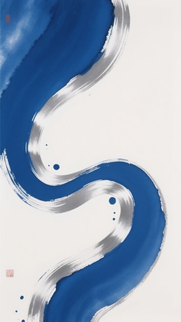 一幅新中式风格的抽象水墨装饰画，以沉静的靛蓝色为主色调，银色的流体线条在靛蓝墨色中蜿蜒流淌，形成灵动飘逸的S形曲线，边缘带有自然的晕染效果和细微的飞溅墨点，整体画面简洁大气，留白充足，营造出宁静雅致的东方韵味，色彩过渡自然柔和，银色与靛蓝色形成鲜明而和谐的对比，具有现代简约的设计感。预览效果