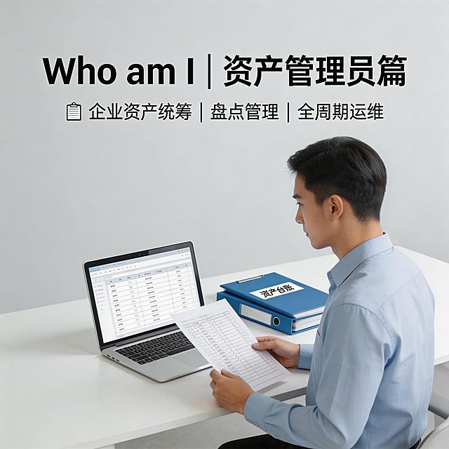 企业办公资产管理员宣传海报，简约商务风格，主题文字 "Who am I | 资产管理员篇"，搭配办公场景元素，整体简洁专业，适配企业内部宣发