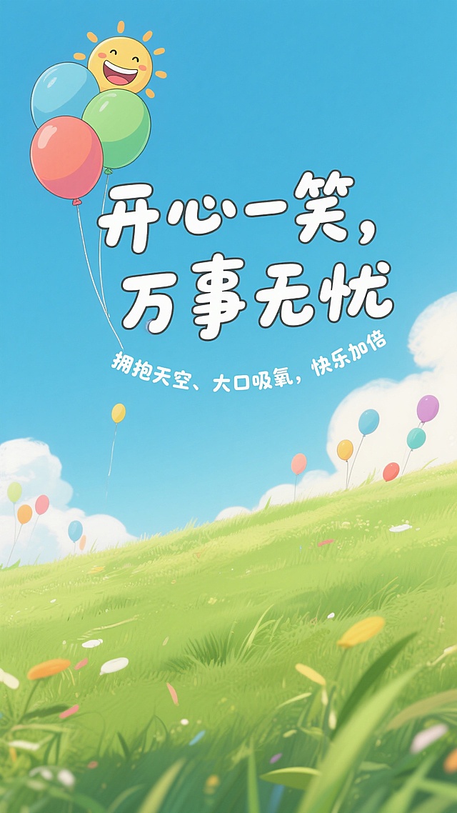 清新插画风，卡通拟人太阳与气球，传递欢乐氛围。