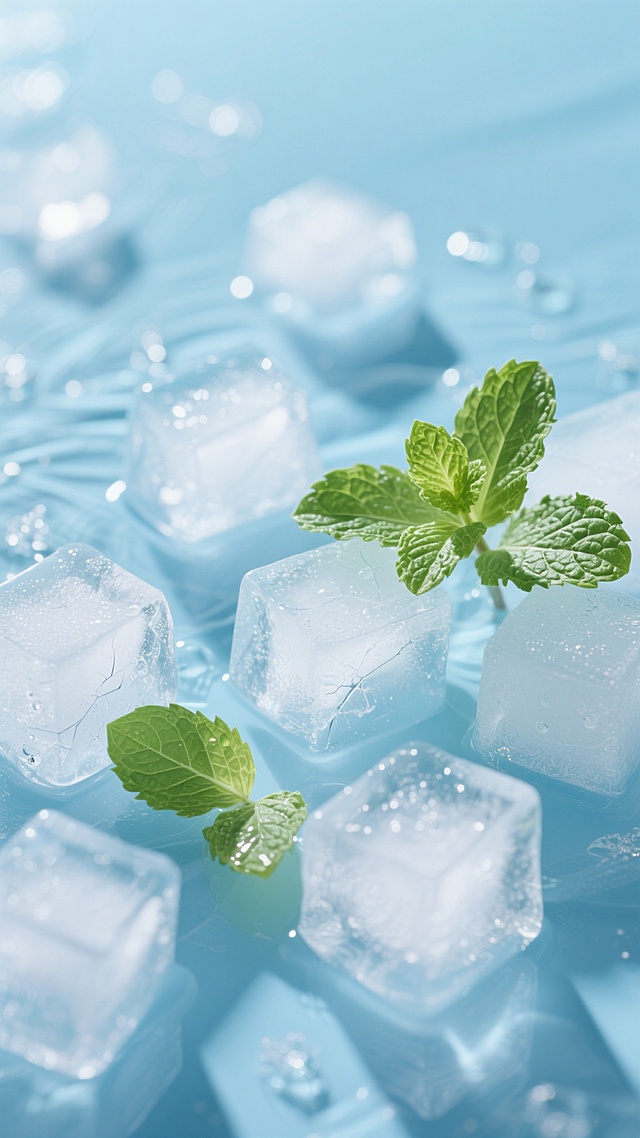 一张以浅蓝色为基调的清新背景图，画面中散落着多块棱角分明、晶莹剔透的冰块，冰块表面有细小的气泡和冰裂纹，折射出柔和的光线。几片鲜嫩的绿色薄荷叶轻盈地漂浮在冰块之间，叶片脉络清晰可见，边缘带有自然的弧度，呈现出勃勃生机。整体画面采用高清晰度的摄影风格，光线明亮柔和，从上方洒下，在冰块和叶片上形成细腻的高光和淡淡的阴影，营造出凉爽、纯净、沁人心脾的夏日氛围。背景中隐约可见细小的冰晶和水纹，增强了画面的层次感和清凉质感，整体构图简洁而富有动感，给人一种宁静舒适、清爽宜人的视觉感受。
