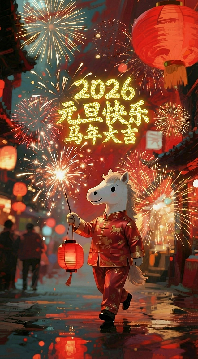国潮风插画，拟人马身穿唐装手持灯笼与烟花，喜庆感十足，粒子光影交织，营造出2026元旦节日氛围。