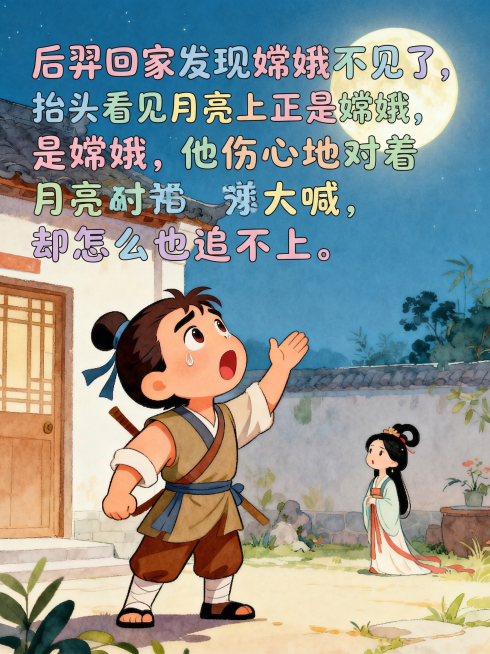 在画面上方添加可爱卡通文字"后羿回家发现嫦娥不见了，抬头看见月亮上正是嫦娥，他伤心地对着月亮大喊，却怎么也追不上。"，保留原来后羿呼唤月亮的场景，文字清晰易读，适合小朋友，整体明亮马卡龙色系预览效果
