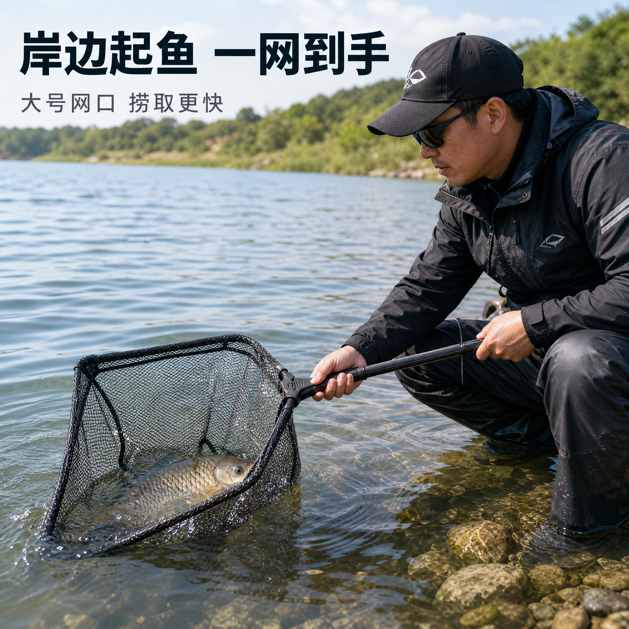 [主图-4] 黑色单节大号抄网（钓鱼抄网）——真实使用场景图，… - 图片创意预览