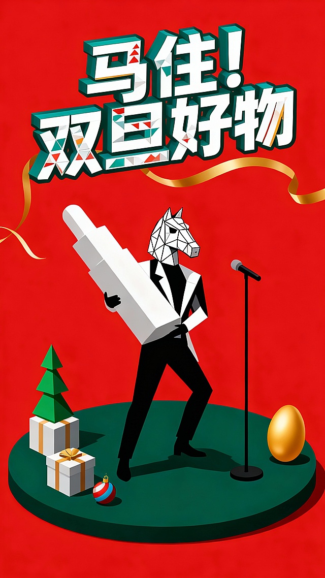 low poly风格的拟人马手持大拇指，搭配几何化圣诞元素，红金配色强化喜庆与促销氛围，立体主义构图突显趣味感，双旦主题鲜明。