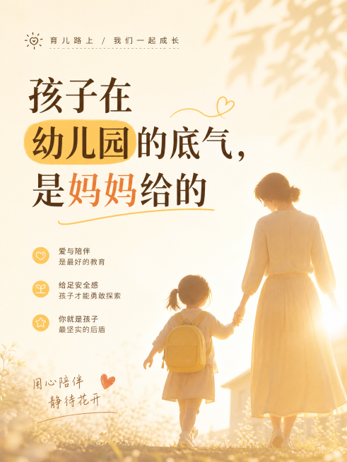 温暖治愈的小红书育儿封面图，文字：孩子在幼儿园的底气，是妈妈给的，画面是小手拉大手的温馨剪影，浅色调暖黄背景，简约干净，整体风格温柔治愈，适合母婴育儿博主封面，文字清晰醒目预览效果