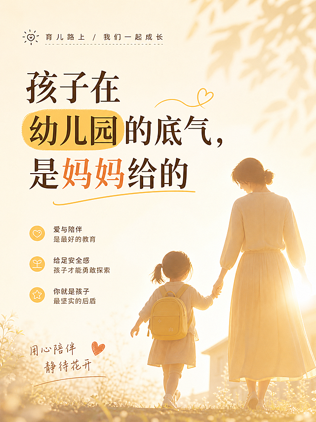 温暖治愈的小红书育儿封面图，文字：孩子在幼儿园的底气，是妈妈给的，画面是小手拉大手的温馨剪影，浅色调暖黄背景，简约干净，整体风格温柔治愈，适合母婴育儿博主封面，文字清晰醒目