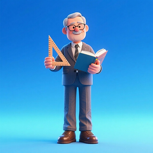 中年男教师（拿三角尺和书，穿皮鞋），全身，元素完整。蓝色渐变背景