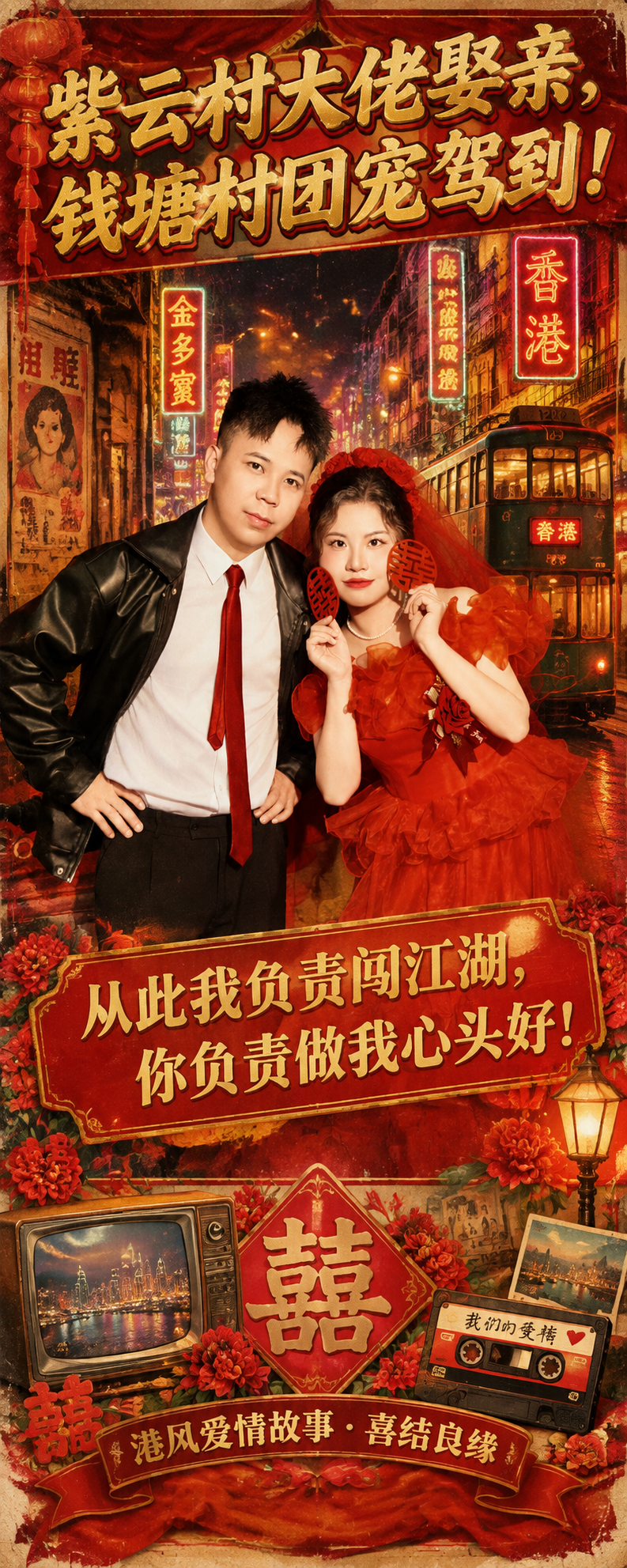 基于图中这对新人的复古红裙婚纱照，制作一张港风复古婚礼易拉宝海… - 图片创意预览