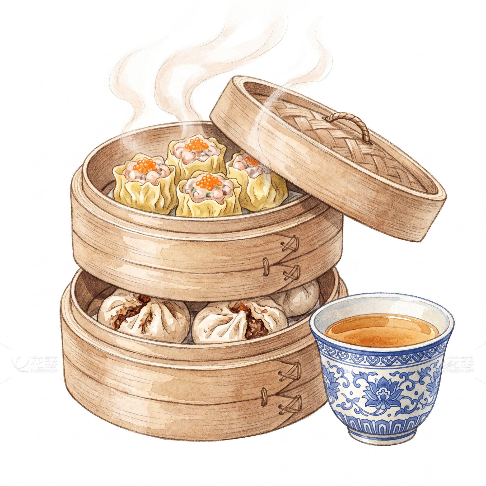 颜色明亮，参考细腻的画风，水彩手绘，清新肌理质感，广式早茶点心… - 图片创意预览