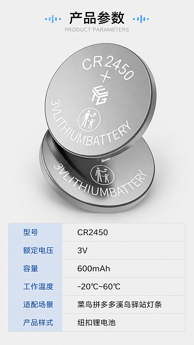 [第8屏] 产品参数信息-完整规格说明收尾。本屏使用【图1】作为产品展示。
[氛围/风格] 专业参数卡风格，浅灰底色，清晰参数表格，简约专业。
[元素布局] 顶部放置产品实拍图，下半部分为参数表格，产品占比约40%，参数表占比约60%，产品外观与输入图一致。
[光影质感] 均匀柔光，产品清晰，参数文字清晰可读，整体干净整洁。
[配色色系] 全局底色 #F5F5F5；主色浅灰底，黑色参数文字；辅助色浅蓝色参数标签。
[视角构图] 上下排版，上产品下参数，信息清晰规整。
[文字版式] 参数表包含：型号CR2450，额定电压3V，容量600mAh，工作温度-20℃~60℃，适配场景菜鸟拼多多溪鸟驿站灯条，产品样式纽扣锂电池；参数分类清晰，标签与数值区分明确，文字大小适合手机阅读。
[比例分辨率] 9:16竖版比例，4K分辨率，高清画质。
[负向提示词] 产品变形，参数错误，文字错乱，文字过小，水印，虚假信息。