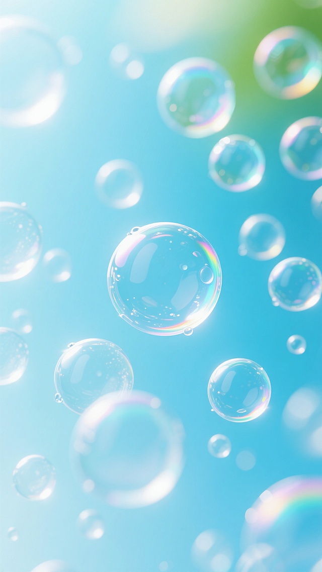 透明水珠和气泡在夏日阳光下闪烁，以明亮的天蓝色和清澈的水绿色为主色调，整体呈现出清凉通透的夏日氛围，气泡大小不一、分布自然，边缘带有柔和的高光和轻微的彩虹色散效果，背景为渐变的浅蓝色，营造出清爽、水润、充满夏日活力的感觉，画面纯净无杂质，光线明亮柔和，水珠表面光滑有弹性，仿佛刚从水中捞出的清凉质感。