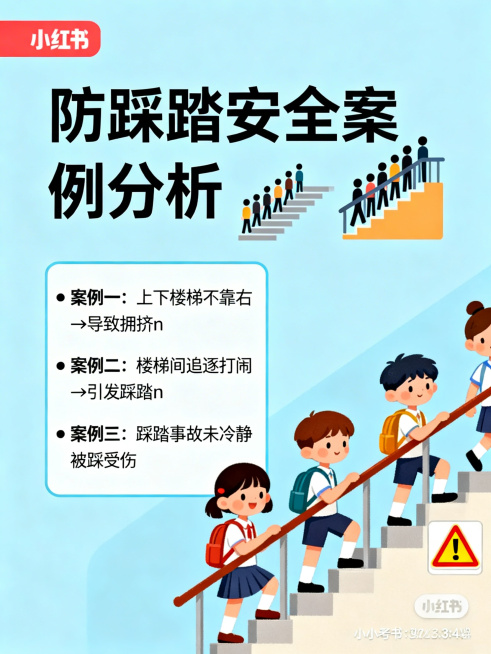 小红书3:4竖版宣传图，防踩踏安全案例分析主题，浅蓝色背景。顶部标题"防踩踏安全案例分析"配楼梯与人群图标。左侧文字框内容："• 案例一：上下楼梯不靠右→导致拥挤\n• 案例二：楼梯间追逐打闹→引发踩预览效果