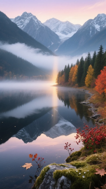 广角俯拍视角，晨曦微露时分，一片被晨雾轻轻笼罩的山谷湖泊全景。远处层叠的青灰色山脉峰顶覆盖着昨夜新降的皑皑白雪，山腰处云海如丝绸般缠绕流动。湖岸线蜿蜒曲折，一侧是橙红与金黄交织的茂密枫林，另一侧是深绿色的松树林，色彩对比鲜明而和谐。湖面如巨大的黑曜石镜面，精准倒映着渐变的天空——从东方鱼肚白过渡到淡粉、浅紫，再到远处的靛蓝。湖边长满沾着露珠的翠绿苔藓，几株红色浆果灌木点缀其间，几片枫叶轻轻漂浮……预览效果