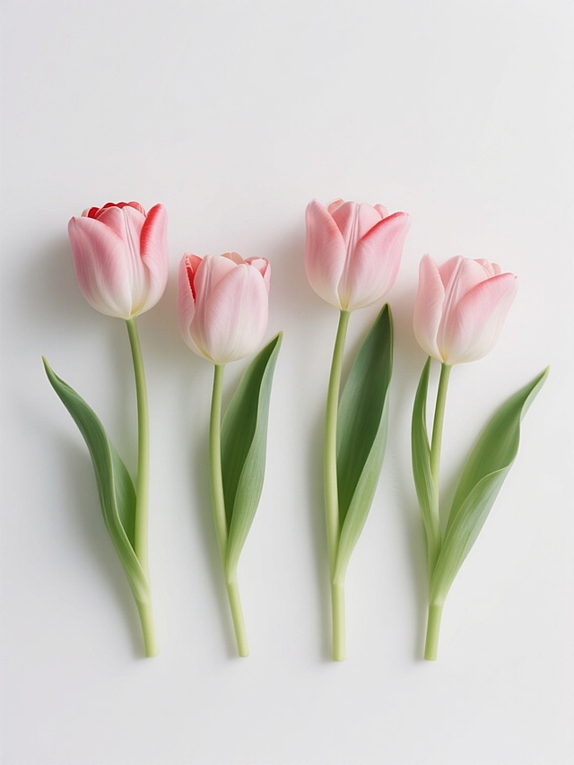 超写实风格静物摄影，四组不同造型样式的郁金香素材规整排布，每组包含2-3朵粉色郁金香，花瓣呈现细腻的渐变粉白色，边缘略带自然红晕，绿色花茎挺拔修长，叶片舒展富有韧性，整体构图对称平衡，纯白色纯色背景，光线柔和均匀来自顶部偏前方，高光清晰自然，阴影细腻柔和，展现郁金香真实的质感与娇嫩的形态，无任何文字、logo和水印。