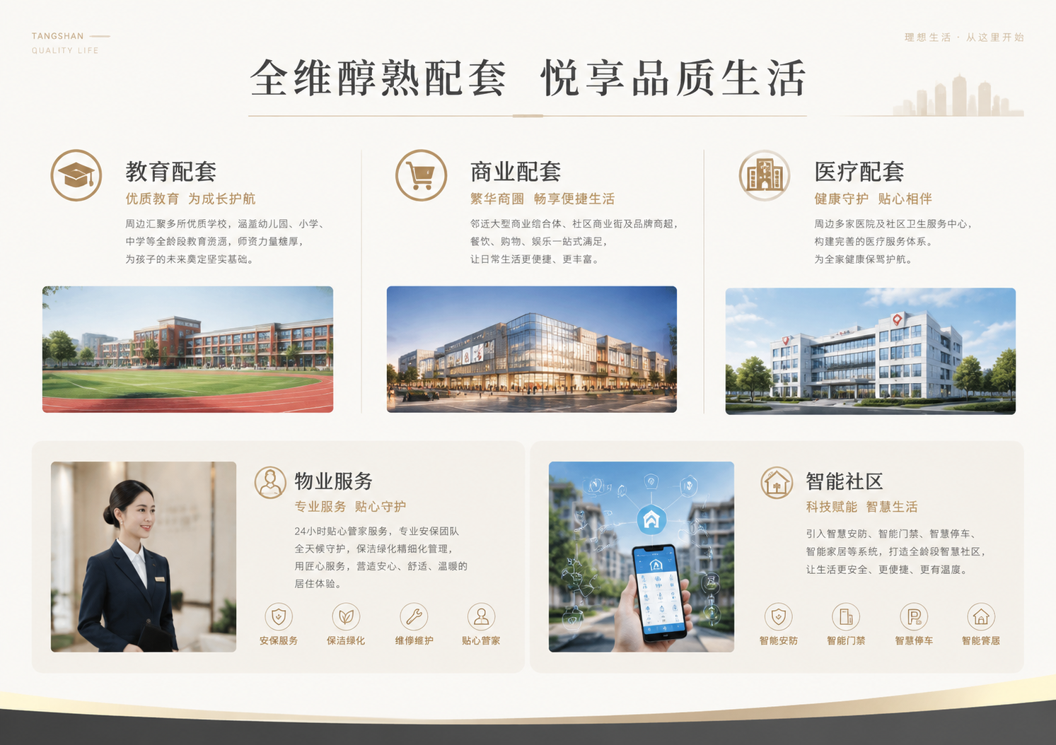 唐山小区宣传册第五页，配套与生活，A4横版，简约现代风格。上方… - 图片创意预览