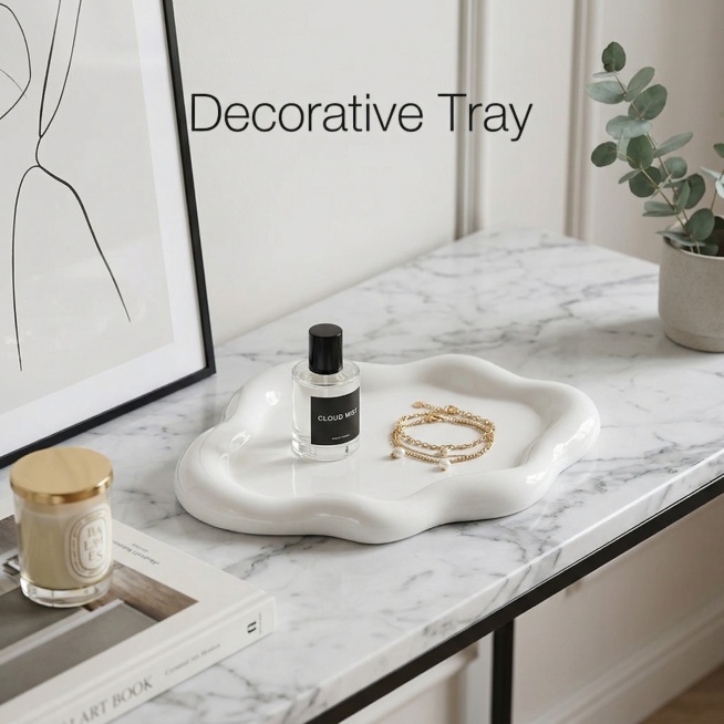 Keep the original cloud-shaped simple white jewelry storage tray unchanged, place it on a marble ent预览效果