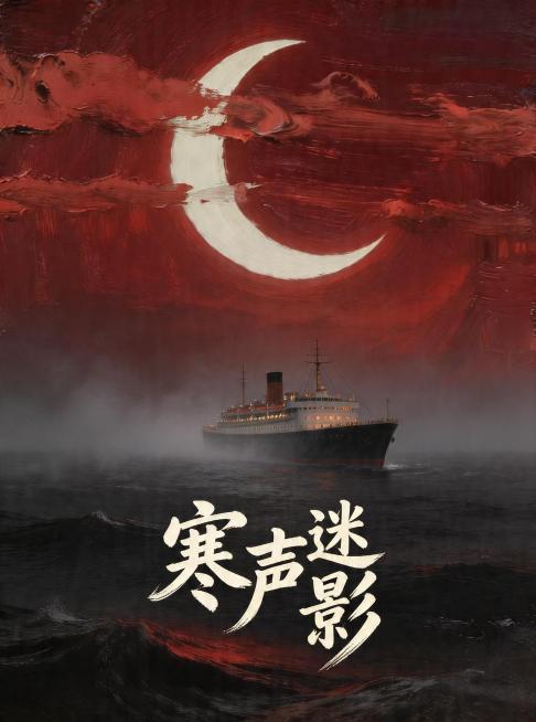 推理剧本杀《寒声迷影》海报，故事发生在邮轮上，主题是保护国家机密抓捕间谍，悬疑紧张氛围，红黑色复古厚重油画质感，邮轮航行在迷雾大海，月夜，暗红色天空，除了剧本名"寒声迷影"不要出现其他任何文字，保持和预览效果